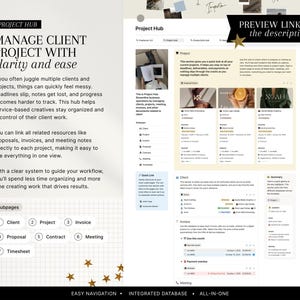 May include: A digital project management hub titled "Project Hub" with the text "Manage Client Project with clarity and ease." It features sections for clients, projects, invoices, proposals, contracts, meetings, and timesheets. The image also includes the text "Preview link in the description!"