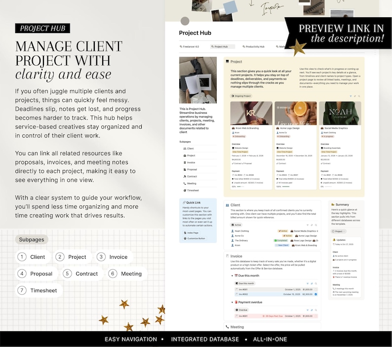 May include: A digital project management hub titled "Project Hub" with the text "Manage Client Project with clarity and ease." It features sections for clients, projects, invoices, proposals, contracts, meetings, and timesheets. The image also includes the text "Preview link in the description!"
