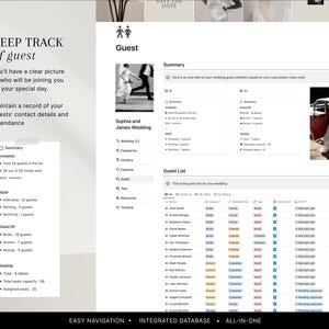 May include: A wedding planning interface with a white background. The interface displays guest lists, RSVP statuses, and seating arrangements. Text includes "KEEP TRACK of guest" and "Sophia and James Wedding."
