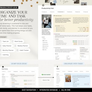 May include: A digital productivity hub interface with the text "ORGANIZE YOUR TIME AND TASK for better productivity." The interface includes sections for task lists, daily planners, and habit trackers. The design is clean and modern, with a focus on organisation.