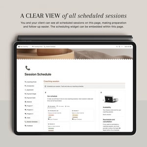 May include: A screenshot of a website showing a coaching session schedule. The website has a sidebar with options like "Coaching Portal", "Agreement", "Payment Single", "Material", "Program 1", "Program 2", "Program 3", "Tasks", "Session Schedule", and "Feedback". The main content area shows a coaching session schedule with options to view all sessions, this week, or a table view. The schedule shows the date, time, and title of each session. There is also a section on availability and rescheduling and cancellation.