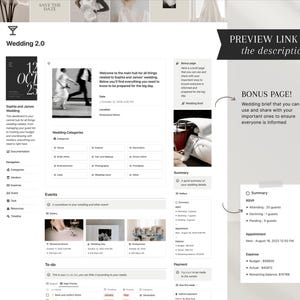 May include: A digital wedding planner interface with the text "Wedding 2.0" and "Sophia and James Wedding." The interface includes sections for categories, events, to-do lists, and a summary. The preview link is in the description.