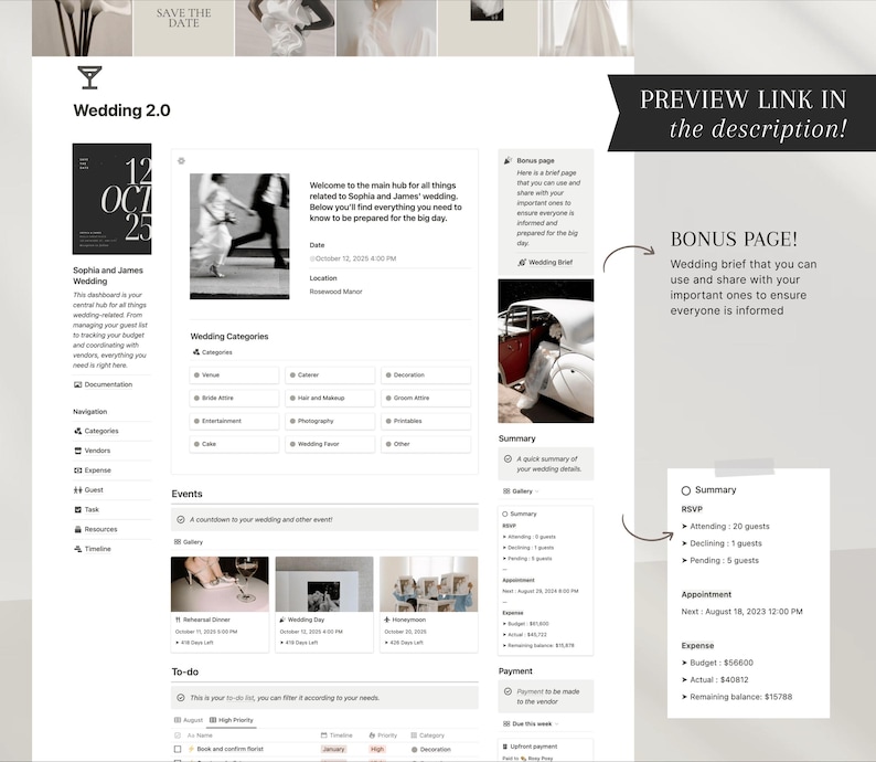 May include: A digital wedding planner interface with the text "Wedding 2.0" and "Sophia and James Wedding." The interface includes sections for categories, events, to-do lists, and a summary. The preview link is in the description.