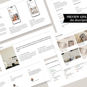 May include: A presentation slide deck with a light brown background. The slide deck is divided into sections with headings such as "Why us", "We create a brand strategy to focus on your goals, audience, and budget", "Case Studies", and "Workflow and timeline". The slide deck also includes a quote from a customer, a visual example of a social media feed, and a pricing table.