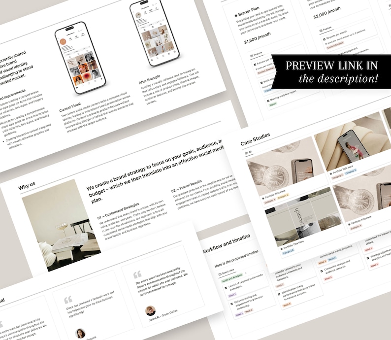 May include: A presentation slide deck with a light brown background. The slide deck is divided into sections with headings such as "Why us", "We create a brand strategy to focus on your goals, audience, and budget", "Case Studies", and "Workflow and timeline". The slide deck also includes a quote from a customer, a visual example of a social media feed, and a pricing table.
