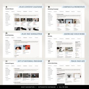 May include: A digital interface with multiple sections labeled: Content Planner, Marketing Campaign, Email Marketing, Portfolio, Referral Program, and Online Advertising. Each section displays text and images. Text includes "Plan Content Calendar", "Campaign & Promotion", "Plan the Newsletter", "Showcase Your Work", "Set Up Referral Program", and "Track Paid Ads".