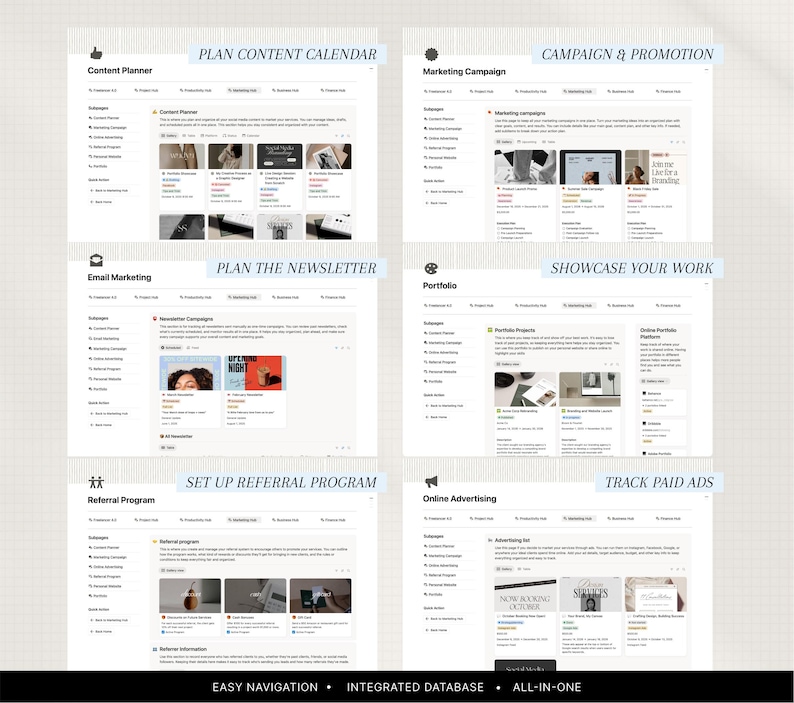 May include: A digital interface with multiple sections labeled: Content Planner, Marketing Campaign, Email Marketing, Portfolio, Referral Program, and Online Advertising. Each section displays text and images. Text includes "Plan Content Calendar", "Campaign & Promotion", "Plan the Newsletter", "Showcase Your Work", "Set Up Referral Program", and "Track Paid Ads".