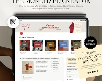 Op de afbeelding: Een digitaal content- en monetisatiesysteem weergegeven op een tabletscherm. De interface bevat een creator growth planner met secties voor content, monetisatie, business, productiviteit en financiën, inclusief een content hub en overzicht.