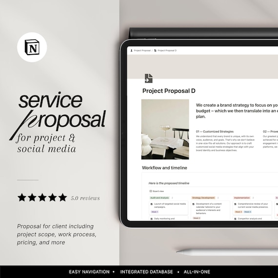Notion Project Proposal Template: Social Media, Client Service (Digital Download)