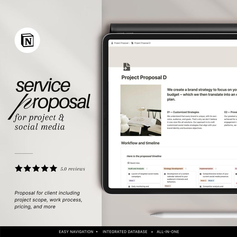 May include: A digital tablet mockup displaying a website for a service proposal for project and social media. The website features a workflow and timeline for the project, with a focus on customized strategies and proven results. The website also includes a 5.0 star rating and the text "Easy Navigation", "Integrated Database", and "All-in-One".