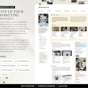May include: A digital interface labelled "Marketing Hub" with the heading "Step Up Your Marketing Strategies." The page offers tools for content planning, email marketing, marketing campaigns, online ads, referral programs, personal websites, and portfolios.
