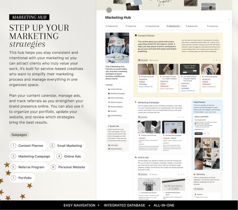 May include: A digital interface labelled "Marketing Hub" with the heading "Step Up Your Marketing Strategies." The page offers tools for content planning, email marketing, marketing campaigns, online ads, referral programs, personal websites, and portfolios.