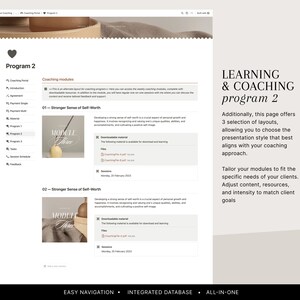 May include: A screenshot of a website for a coaching program called "Learning & Coaching Program 2". The website features a pink heart icon, a list of coaching modules, and a description of the program's features. The website also includes a call to action to "Tailor your modules to fit the specific needs of your clients."