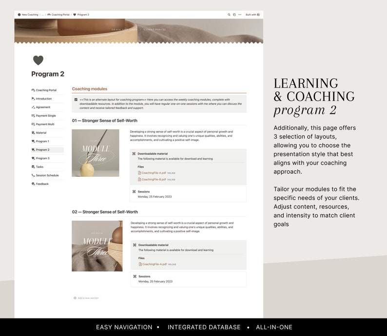 May include: A screenshot of a website for a coaching program called "Learning & Coaching Program 2". The website features a pink heart icon, a list of coaching modules, and a description of the program's features. The website also includes a call to action to "Tailor your modules to fit the specific needs of your clients."