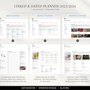 May include: A digital planner for 2025/2026, with daily, weekly, and monthly layouts. It includes sections for time management, priorities, and financial planning. The image text reads "LINKED & DATED PLANNER 2025/2026" and covers the period from January 1, 2025 to December 31, 2026.