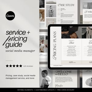 Guia de preços de serviços para gerente de mídia social, portfólio de estudo de caso de mídia social, modelo Canva para cliente, estética de luxo escuro e neutro