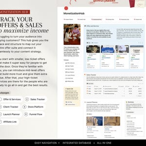 Pu&ograve; includere: Interfaccia di un sito web intitolata "Monetization Hub" con il testo "Track Your Offers & Sales to maximize income". L'interfaccia include sezioni per offerte, vendite, monitoraggio dei clienti e un pianificatore di lancio. Il design &egrave; pulito e moderno.