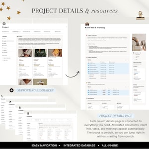 May include: A digital project management interface with multiple pages, including project details, supporting resources, and easy navigation. The text reads "PROJECT DETAILS & resources" and "PROJECT DETAILS PAGE".