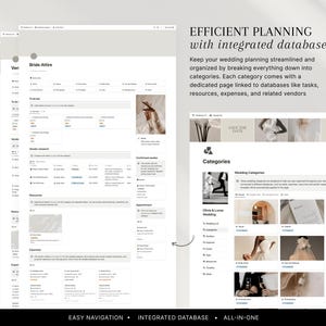 May include: A digital wedding planner interface with the text "EFFICIENT PLANNING with integrated database." The interface is organized into categories, including "Bride Attire" and "Categories." The design is minimalist with a neutral color palette.