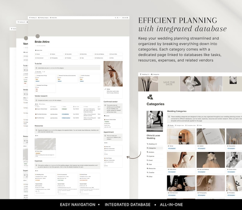 May include: A digital wedding planner interface with the text "EFFICIENT PLANNING with integrated database." The interface is organized into categories, including "Bride Attire" and "Categories." The design is minimalist with a neutral color palette.