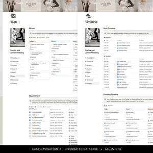 May include: A digital wedding planner interface with task lists, timelines, and appointment schedules. The interface is white with black text and includes the text "Sophia and James Wedding" and "SAVE THE DATE". The bottom of the image reads "EASY NAVIGATION &bull; INTEGRATED DATABASE &bull; ALL-IN-ONE".