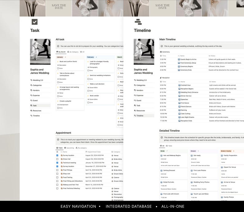 May include: A digital wedding planner interface with task lists, timelines, and appointment schedules. The interface is white with black text and includes the text "Sophia and James Wedding" and "SAVE THE DATE". The bottom of the image reads "EASY NAVIGATION &bull; INTEGRATED DATABASE &bull; ALL-IN-ONE".
