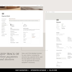 May include: A screenshot of a website showing a payment management system. The website has a light gray background with a white header and a white footer. The header contains the text "Payment Multi" and the footer contains the text "EASY NAVIGATION INTEGRATED DATABASE ALL-IN-ONE". The main content of the website is a screenshot of a payment schedule and a screenshot of an invoice. The payment schedule shows the due dates for each installment of a payment plan. The invoice shows the total amount due, the payment information, and the additional payment information. The invoice also includes a signature.