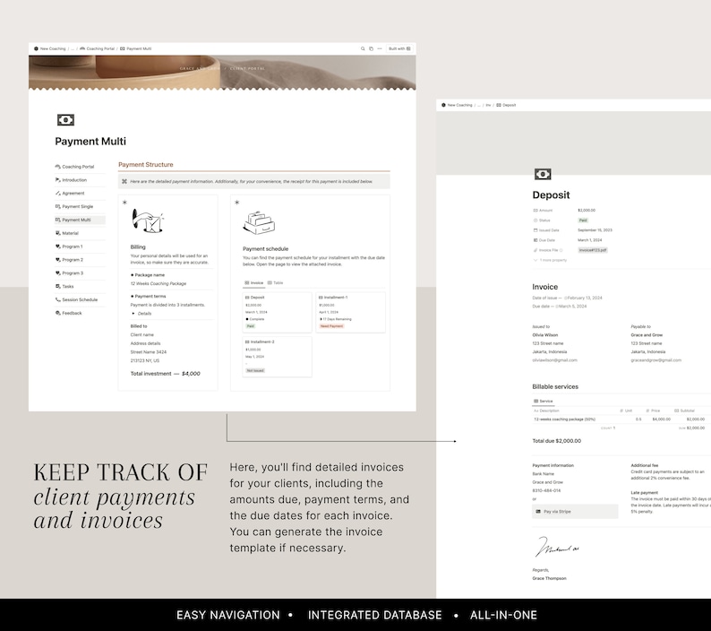 May include: A screenshot of a website showing a payment management system. The website has a light gray background with a white header and a white footer. The header contains the text "Payment Multi" and the footer contains the text "EASY NAVIGATION INTEGRATED DATABASE ALL-IN-ONE". The main content of the website is a screenshot of a payment schedule and a screenshot of an invoice. The payment schedule shows the due dates for each installment of a payment plan. The invoice shows the total amount due, the payment information, and the additional payment information. The invoice also includes a signature.