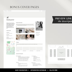 May include: A digital wedding brief template with a clean, minimalist design. The document includes sections for wedding details, timeline, and important information. The text "BONUS COVER PAGES" and "PREVIEW LINK IN the description!" are visible.