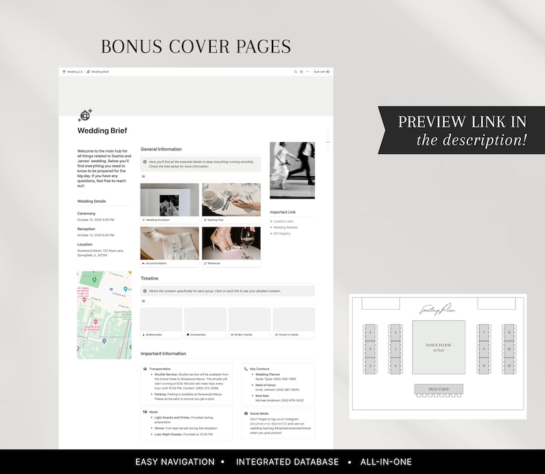 May include: A digital wedding brief template with a clean, minimalist design. The document includes sections for wedding details, timeline, and important information. The text "BONUS COVER PAGES" and "PREVIEW LINK IN the description!" are visible.