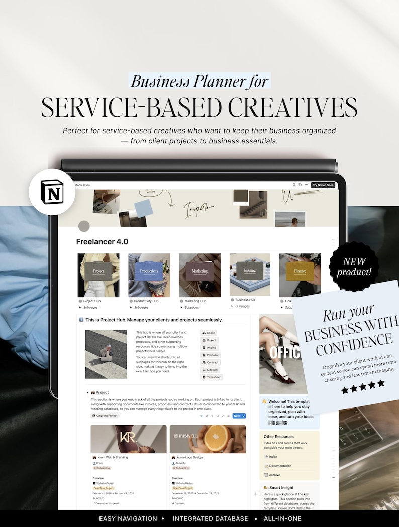 Notion Template Digital Business Planner, Project Management, CRM for Service Based Creatives and Freelancers image 1