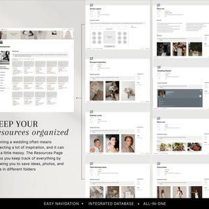May include: A digital wedding planning resource with various sections, including venue layout, shot list, and dress ideas. The interface is white with gray accents, and the text "KEEP YOUR resources organized" is displayed. The image also includes the phrases "EASY NAVIGATION", "INTEGRATED DATABASE", and "ALL-IN-ONE".