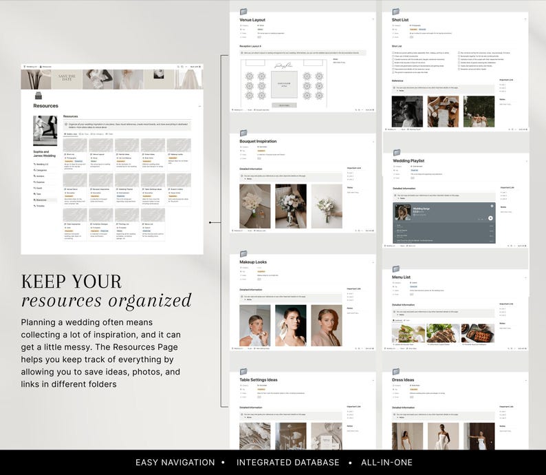 May include: A digital wedding planning resource with various sections, including venue layout, shot list, and dress ideas. The interface is white with gray accents, and the text "KEEP YOUR resources organized" is displayed. The image also includes the phrases "EASY NAVIGATION", "INTEGRATED DATABASE", and "ALL-IN-ONE".