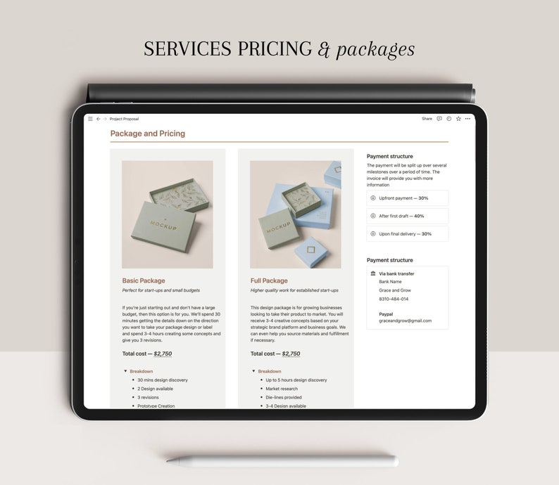 May include: A tablet screen displaying a website with pricing information for two different design packages: Basic and Full. The website features a mockup of a box with the word "Mockup" printed on it. The text on the screen includes the total cost for each package, a breakdown of the services included, and payment structure details.