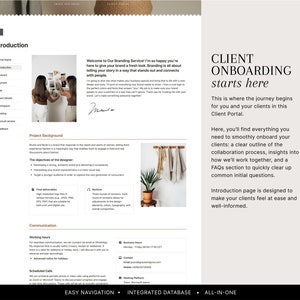 Pode incluir: Uma p&aacute;gina de integra&ccedil;&atilde;o de clientes com um fundo castanho claro e uma caixa de texto branca. O texto diz "CLIENT ONBOARDING starts here." A caixa de texto est&aacute; no lado direito da p&aacute;gina. O lado esquerdo da p&aacute;gina tem uma se&ccedil;&atilde;o intitulada "Introduction" com uma lista de t&oacute;picos. A p&aacute;gina tamb&eacute;m tem uma se&ccedil;&atilde;o intitulada "Project Background" com uma lista de t&oacute;picos. A p&aacute;gina tem uma se&ccedil;&atilde;o intitulada "Communication" com uma lista de t&oacute;picos. A p&aacute;gina tem uma se&ccedil;&atilde;o intitulada "Working Hours" com uma lista de t&oacute;picos. A p&aacute;gina tem uma se&ccedil;&atilde;o intitulada "Scheduled Calls" com uma lista de t&oacute;picos. A p&aacute;gina tem uma se&ccedil;&atilde;o intitulada "Easy Navigation" com uma lista de t&oacute;picos. A p&aacute;gina tem uma se&ccedil;&atilde;o intitulada "Integrated Database" com uma lista de t&oacute;picos. A p&aacute;gina tem uma se&ccedil;&atilde;o intitulada "All-in-One" com uma lista de t&oacute;picos.