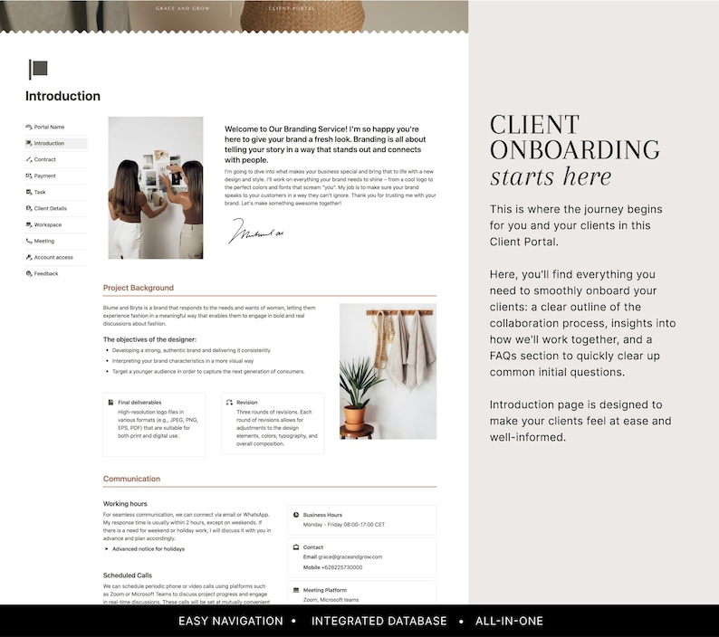 Pode incluir: Uma p&aacute;gina de integra&ccedil;&atilde;o de clientes com um fundo castanho claro e uma caixa de texto branca. O texto diz "CLIENT ONBOARDING starts here." A caixa de texto est&aacute; no lado direito da p&aacute;gina. O lado esquerdo da p&aacute;gina tem uma se&ccedil;&atilde;o intitulada "Introduction" com uma lista de t&oacute;picos. A p&aacute;gina tamb&eacute;m tem uma se&ccedil;&atilde;o intitulada "Project Background" com uma lista de t&oacute;picos. A p&aacute;gina tem uma se&ccedil;&atilde;o intitulada "Communication" com uma lista de t&oacute;picos. A p&aacute;gina tem uma se&ccedil;&atilde;o intitulada "Working Hours" com uma lista de t&oacute;picos. A p&aacute;gina tem uma se&ccedil;&atilde;o intitulada "Scheduled Calls" com uma lista de t&oacute;picos. A p&aacute;gina tem uma se&ccedil;&atilde;o intitulada "Easy Navigation" com uma lista de t&oacute;picos. A p&aacute;gina tem uma se&ccedil;&atilde;o intitulada "Integrated Database" com uma lista de t&oacute;picos. A p&aacute;gina tem uma se&ccedil;&atilde;o intitulada "All-in-One" com uma lista de t&oacute;picos.