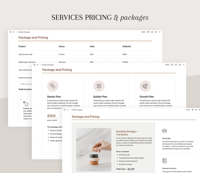 May include: A pricing table for social media marketing services. Three packages are offered: Starter, Builder, and Growth. Each package includes a description of the services offered and a monthly price. The Starter package costs $500 per month. The Builder package costs $1,000 per month. The Growth package costs $2,750 per month.