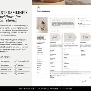 May include: A coaching portal website with a streamlined workflow for clients. The website features a calendar, a coaching workflow, and a list of main pages, including introduction, agreement, payment, sessions, program, material, tasks, and feedback.