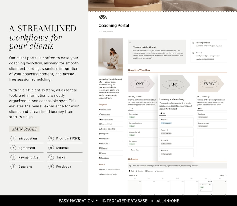 May include: A coaching portal website with a streamlined workflow for clients. The website features a calendar, a coaching workflow, and a list of main pages, including introduction, agreement, payment, sessions, program, material, tasks, and feedback.