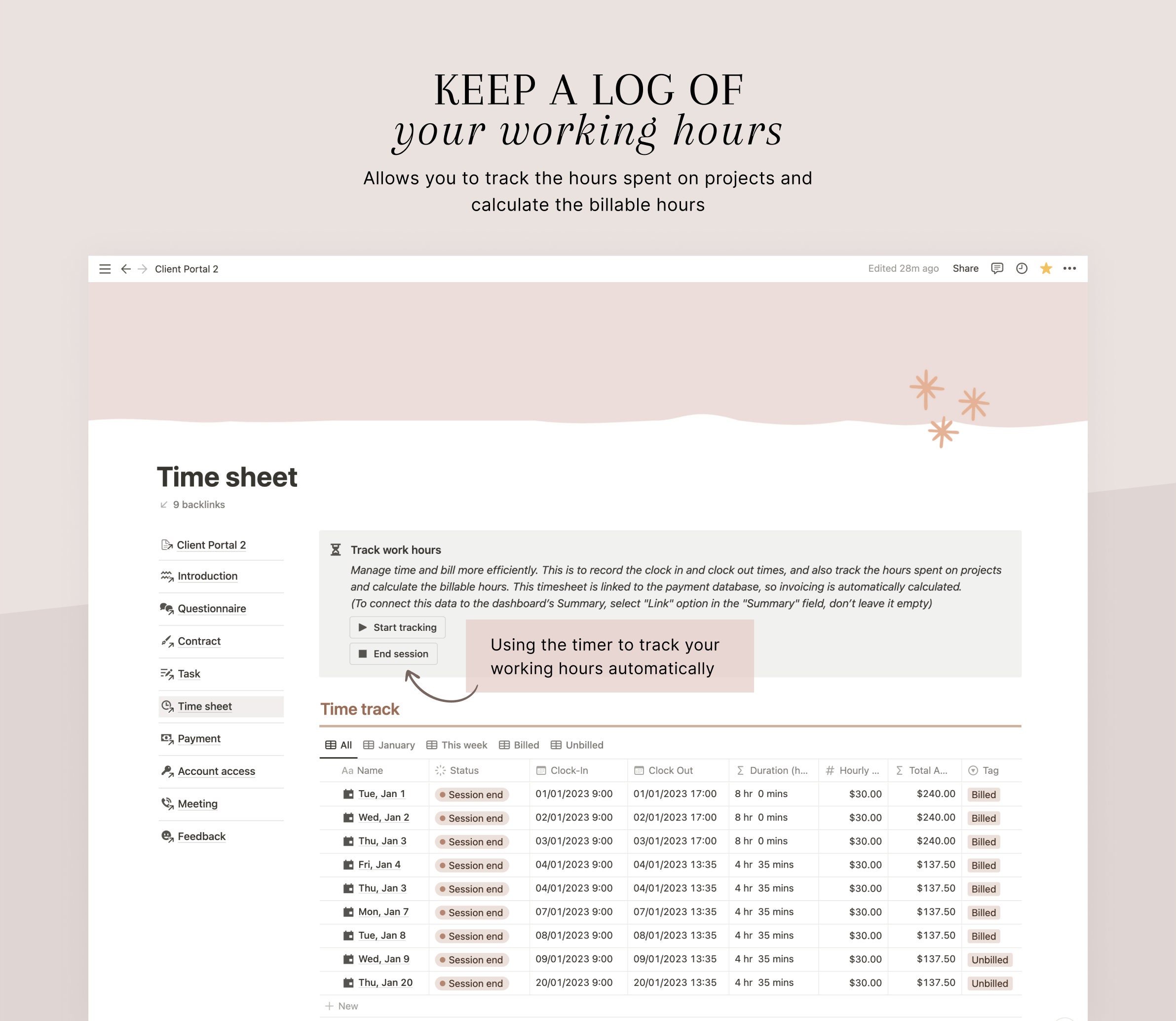 Notion Client Portal Template: Time Tracker for Freelancers (digital ...