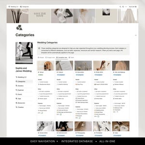 May include: A digital wedding planning template displayed on a computer screen. The interface is organized with categories like vendors, expenses, and tasks. Text includes "SAVE THE DATE" and "EASY NAVIGATION &bull; INTEGRATED DATABASE &bull; ALL-IN-ONE".