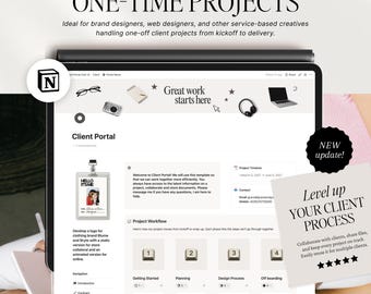 May include: A digital client portal template for Notion displayed on a tablet screen. The interface features a project workflow with numbered steps, a timeline, contact details, and navigation links. Text includes Client Portal for ONE-TIME PROJECTS.
