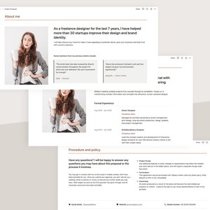 May include: A website mockup for a freelance designer's project proposal. The website features a professional headshot of the designer, a section about their experience, and a section outlining their procedure and policy. The website is designed with a clean and modern aesthetic.