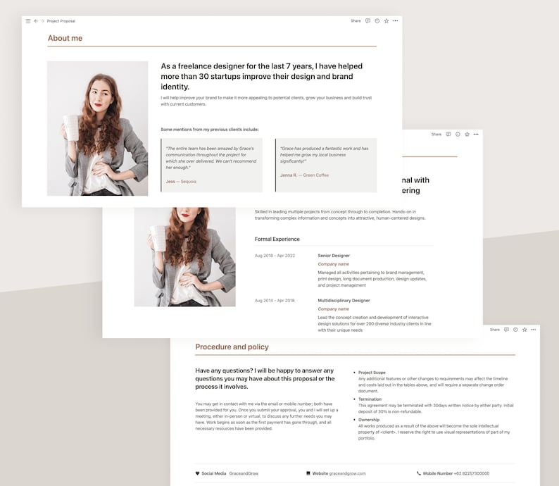 May include: A website mockup for a freelance designer's project proposal. The website features a professional headshot of the designer, a section about their experience, and a section outlining their procedure and policy. The website is designed with a clean and modern aesthetic.
