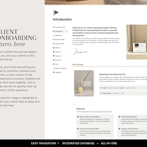 May include: A screenshot of a website for an online coaching program. The website features a light blue background with white text and a light blue button. The text on the website says "Client Onboarding starts here" and "Introduction". The website also features a picture of a book titled "Mastering Your Mind and Life".