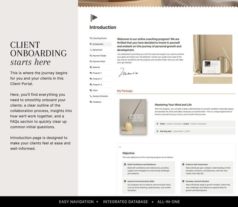 May include: A screenshot of a website for an online coaching program. The website features a light blue background with white text and a light blue button. The text on the website says "Client Onboarding starts here" and "Introduction". The website also features a picture of a book titled "Mastering Your Mind and Life".