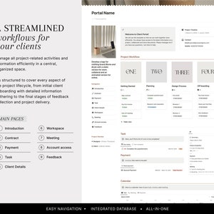 Pode incluir: Uma maquete de site que mostra um fluxo de trabalho otimizado para gerenciar projetos de clientes. O site apresenta um cronograma do projeto, um fluxo de trabalho do projeto, uma lista de tarefas, uma se&ccedil;&atilde;o de pagamento e um calend&aacute;rio. O site foi projetado para ser f&aacute;cil de navegar e usar, com um banco de dados integrado e recursos tudo em um.