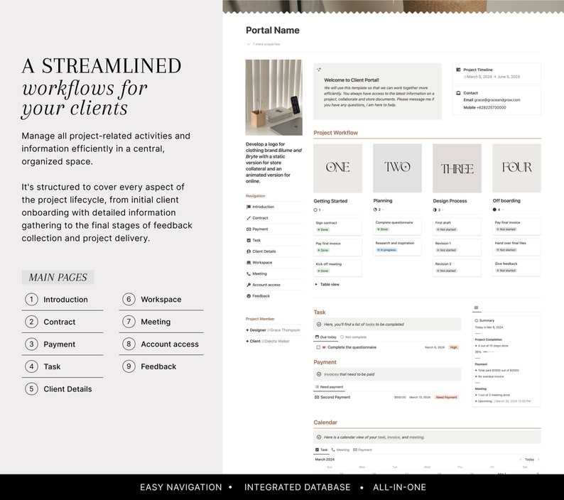 Pode incluir: Uma maquete de site que mostra um fluxo de trabalho otimizado para gerenciar projetos de clientes. O site apresenta um cronograma do projeto, um fluxo de trabalho do projeto, uma lista de tarefas, uma se&ccedil;&atilde;o de pagamento e um calend&aacute;rio. O site foi projetado para ser f&aacute;cil de navegar e usar, com um banco de dados integrado e recursos tudo em um.