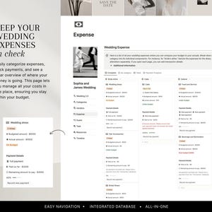 May include: A webpage screenshot detailing wedding expense tracking. The page includes sections for categories like 'Wedding dress' and 'Cake,' with budget and actual amounts. Text on the left reads 'KEEP YOUR WEDDING EXPENSES in check'.