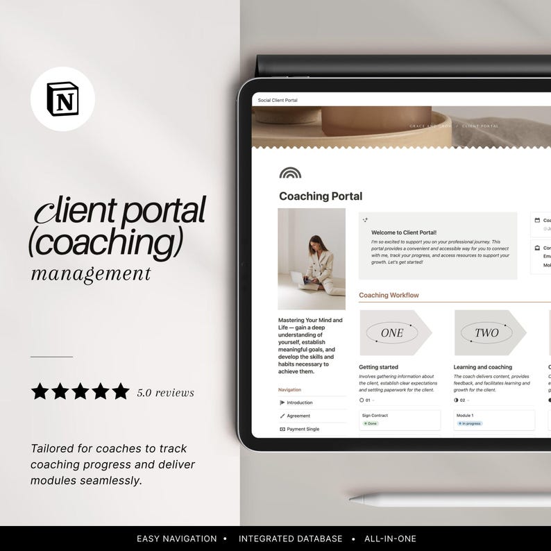 May include: A screenshot of a website for a coaching portal. The website is designed to help coaches track their clients' progress and deliver modules seamlessly. The website features a simple and easy-to-use interface with a clear call to action. The website also includes a section on "Mastering Your Mind and Life" which focuses on helping clients gain a deep understanding of themselves, establish meaningful goals, and develop the skills and habits necessary to achieve them.